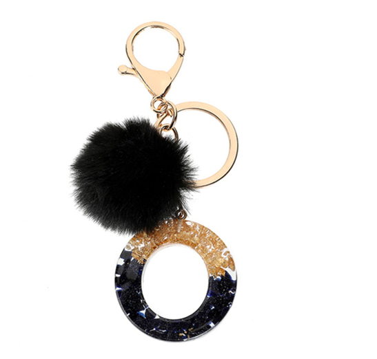 New Black Pompom 26 English Alphabet Resin With Gold Foil Keychain Charms Exquisite Letter Keyring O