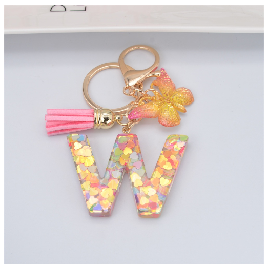 Exquisite 26 Letter Resin Keychain with Pink Tassel Gradient Butterfly Pendant Key Ring Women Bag Ornaments Accessories W