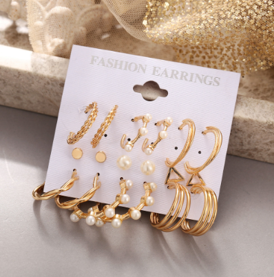 Fashion Pearl Hoop Earrings Set For Women Geometric Gold Metal Circle Earrings