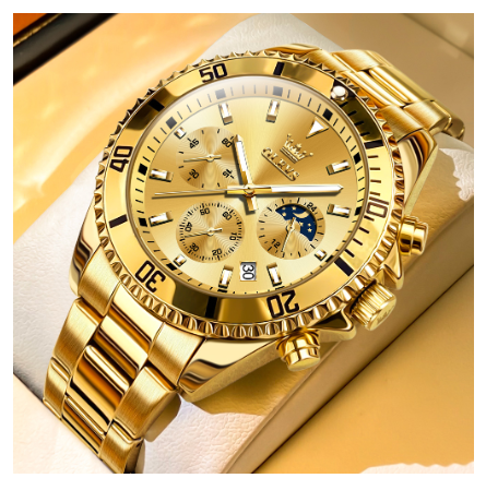 Olevs Fashion Watch For Men Quartz Authentic Water Proof Original Stainless Steel Business Calendar Chronograph Luminous Watch GOLD DIAL GOLD STRAP
