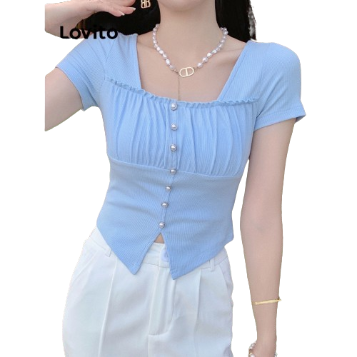 Lovito Women Pearls Asymmetrical Plicated T-Shirt Lne19105 (Light Blue)