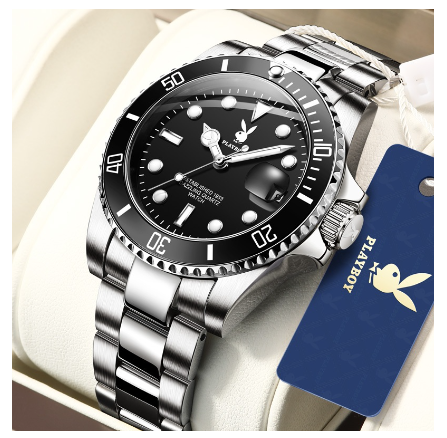 Playboy Watch For Men Waterproof Luminous with Calendar Stainless Steel Strap Green Water Ghost Men's Watch BLACK DIAL