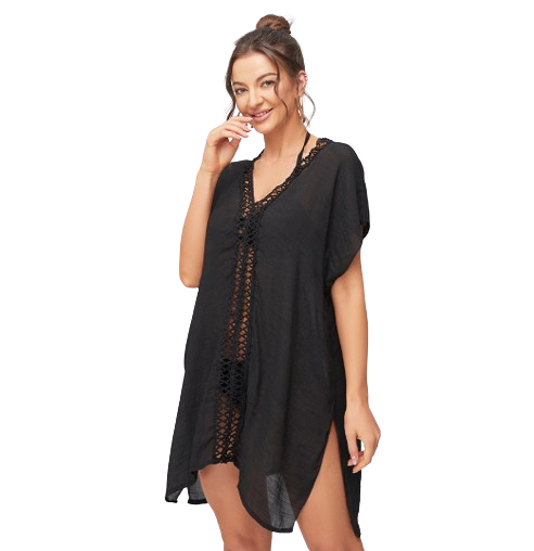 Lovito Boho Plain Lacework Split Oversize Beach Outfit Cover ups L11045 (Black)