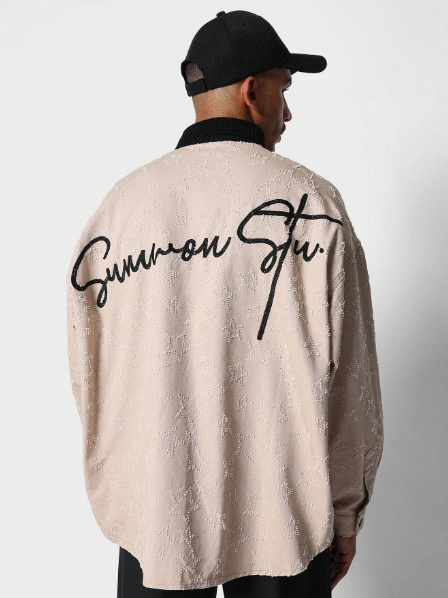 SUMWON Oversized Fit Jacquard Denim Shirt With Contrast Collar & Embroidery