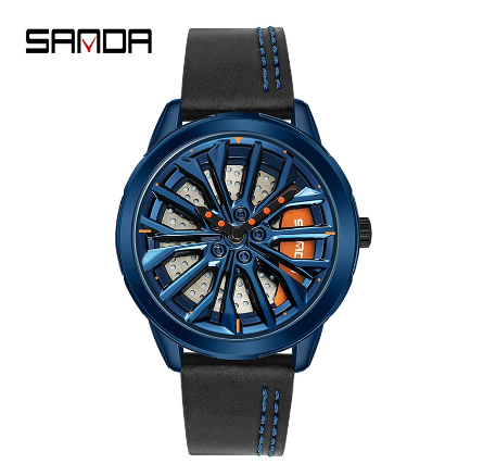 Sanda Fashion Pioneer Car Lover Cool Spinning Hub Racing Style Quartz Watch Style Luxury Watch BLUE LEATHER STRAP