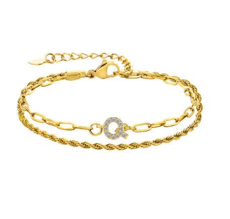 Vnox Letter Double Layer Braelet,18K Gold Fried Twistsed Paper Clip Zirconia Initial Stainless Steel Chain Link for Women Q