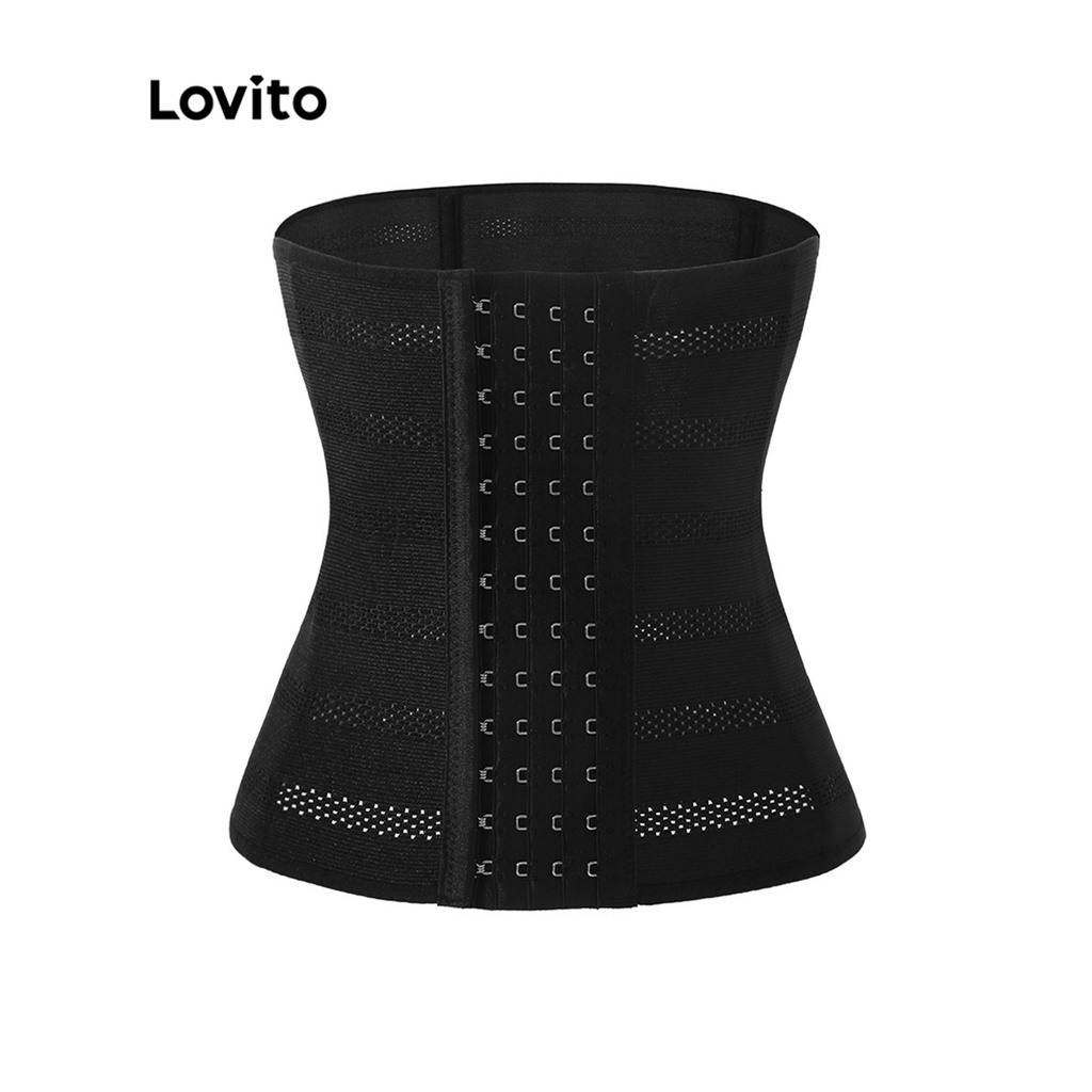 Lovito Casual Plain Button Front Contrast Mesh Multi-Button Waistband Corset for Women L48L042 (Black)