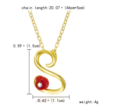 Fashion 26 Letter Necklace Ladies Red Rose Flower Clavicle Pendant Necklace Rhinestone Retro English Letter Necklace S
