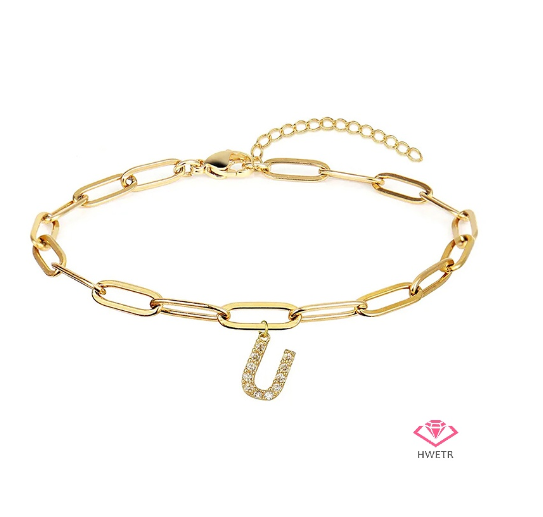 Hwetr Fashion 26 A-Z Initial Bracelet For Women Classic Zircon Letter Pendant Paper Clip Chain Bracelet Jewelry Accessories Gift U