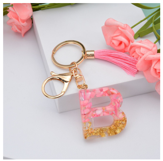 Pink Tassel Gold Foil 26 Letter Pendent Keychain for Women Resin Keyrings Girls Bag Ornamant Accessories Gifts B