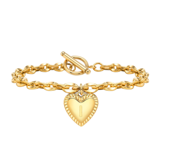 Vnox A-Z Letter Heart Charms Bracelet for Women Girl 18K Gold Elegent Love Stainless Steel Link Chain Initial Jewelry Birthday Present K