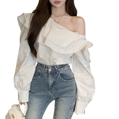 Lovito Casual Plain Asymmetrical Ruffle Button Blouse for Women LNA11141 (White)
