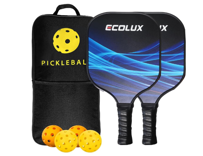 Pickleball Paddle Set of 2 - Glassfiber Lightweight Racket - 2 Paddles- 4 Balls -1 Carring Bag - Blue - 14mm Thick Polypropylene Honeycomb Cores, Non Slip Grip