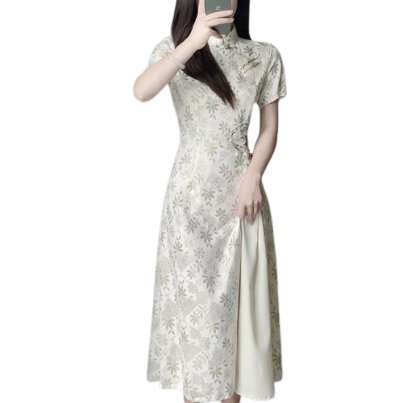 Lovito Women Elegant Plants Fringe Asymmetrical Button Dress LNE39491 (Apricot)