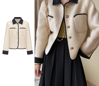 Women Casual Plain Button Colorblock Jacket L70AD133 Black and White