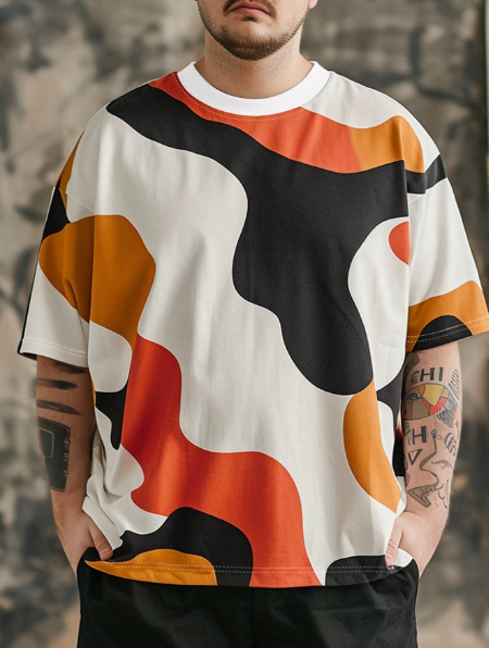 Manfinity Dauomo Men's Plus Size Geometric Print Round Neck Oversized Short Sleeve Casual T-Shirt, Summer