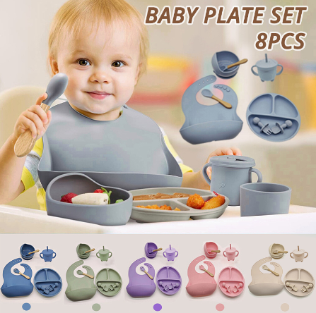 Baby Feeding Plate Set 8pcs Silicone Infant Silicon Bib Suction Bowl Cup Spoon Forks feeding Set For