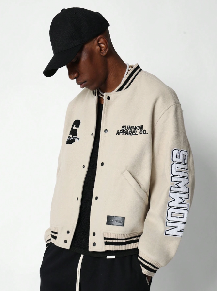 SUMWON Varsity Jacket With Stripe Contrast Collar, Sleeve & Hem And Embroidery & Applique Design