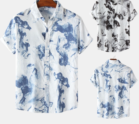 Men's Trend Ink Printed Button Up Short Sleeve Floral Tie Dye Shirt Casual Loose Plus Size