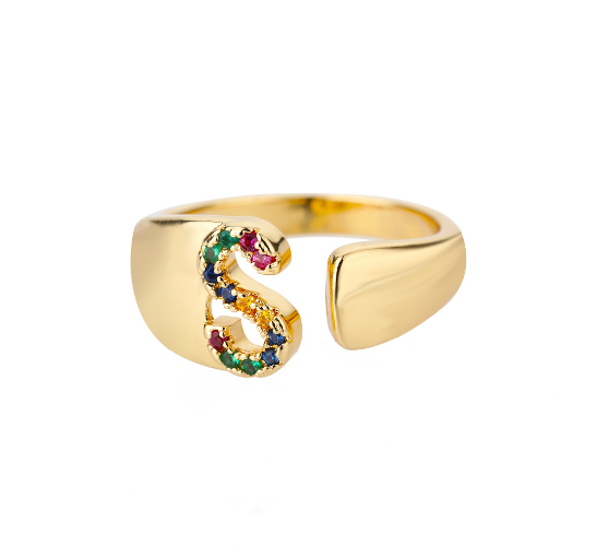 Maxzone Fashion Colorful Chunky Wide Letter A-Z Rings For Women Gold Opening Initial Letter Ring Femme Wedding Party Jewelry S