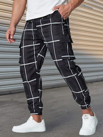 Men's Plaid Printed Casual Cargo Pants With Pockets