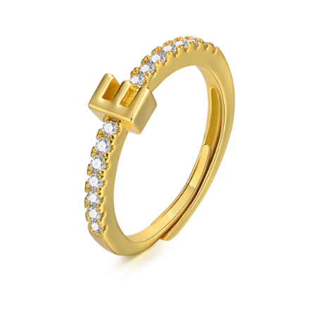 Vnox 26 Lettes Gold Luxury Ring,Shiny Zircon Initial Ring,Opening Adjustable Rings for Women E