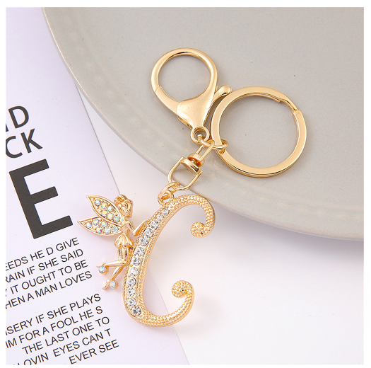 Exquisite Elf Letter Metal Keychains Luxury Gold Color Rhinestone Alphabet Keyrings For Men Women Handbag Ornaments Gifts C