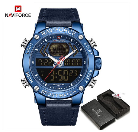 Naviforce NF9164 Men Digital Sport Top Brand Luxury Military Genuine Leather Analog Led Quartz Male Clock BLUE