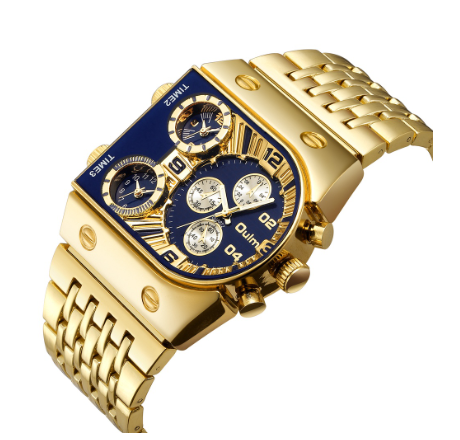 Oulm Men's Multi Time Zone Large Dial Watch Steel Band Casual Quartz Watch BLUE