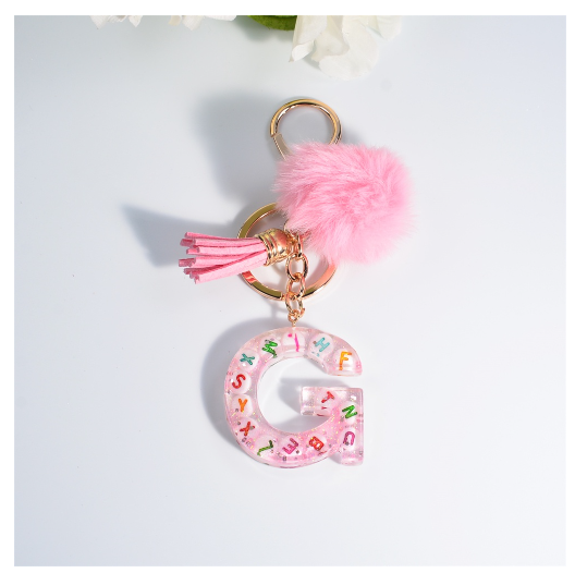 Exquisite Pink A-Z Letter Resin Keychain With Hairball 26 Initials Keyring Charms Women Bag Ornament Best Festival Gift G