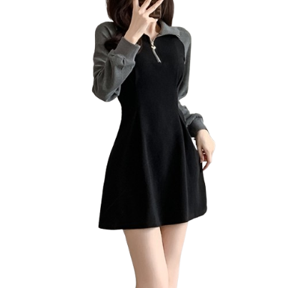 Lovito Women Colorblock Front Zip Dress LNA29499 (Black)