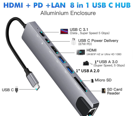 USB C Hub 8 In 1 Type C 3.1 To 4K HDMI Adapter with RJ45 SD/TF Card Reader PD Fast Charge for MacBook Notebook Laptop Computer
