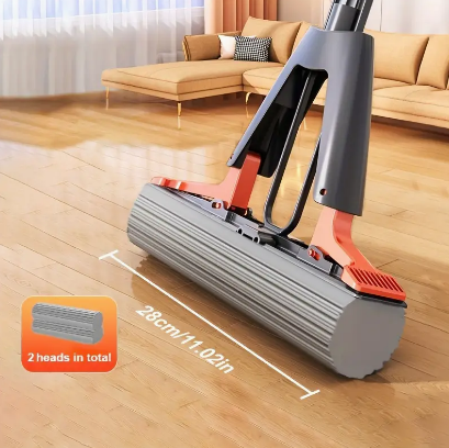 1set, Double-fold Sponge Mop With Total 2 Heads, Super Absorbent Floor Cleaning Mop, Hand-free Wash Mop, Wet And Dry Use, Dust Removal Sponge Mop For Kitchen Bathroom Tile Hardwood Laminate Floors, Cl
