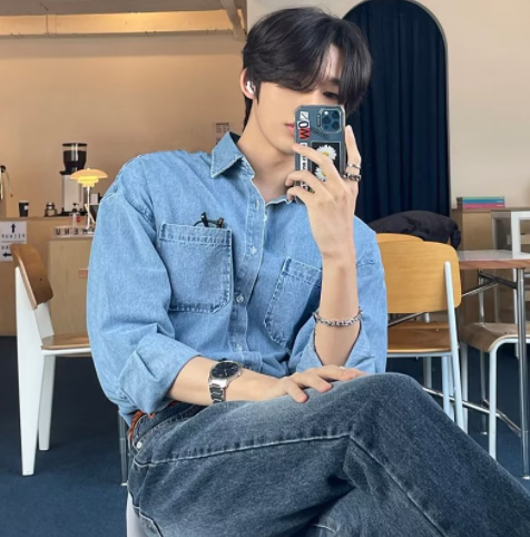 Spring Autumn Korean Version Trendy Denim Shirt Men's Long-Sleeved Loose Hong Kong Style Retro All-Match Casual Jacket