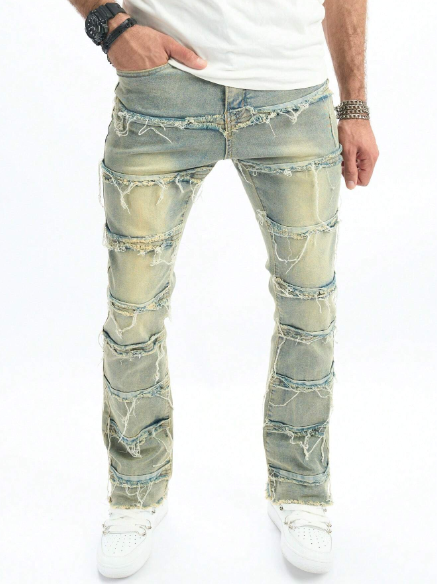 Manfinity Hypemode Men\ Water-Washed Fringed Edges Slanted Pockets Street-Style Fashion Denim Pants