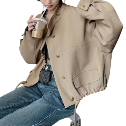 Lovito Women Casual Plain Drawstring Button Pocket Jacket LNE29411 (Khaki)