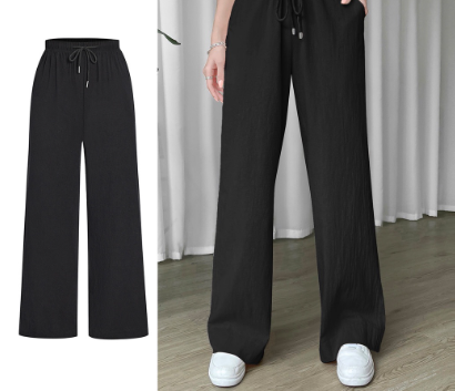 Lovito Women Casual Plain Plicated Lace Up Pants L68ED298 Black