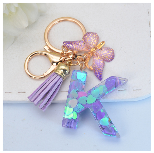 Sparkling 26 Letter Keychain With Butterfly Pendant Exquisite Heart Sequin Filled A-Z Initials Keyrings Bag Pendant Charms Gifts K
