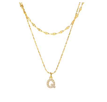 Vnox Double Layered Letter Initial Pendant Necklace,Gold Plated Shiny Zircon Alphabet Charm Necklace for Women Q