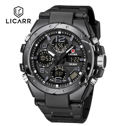 LICARR Brand Casual Men's Watches Original Waterproof Military Sport Men Watch Fashion Chrono Date Week Alarm Clock 9515 BLACK