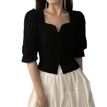 Lovito Women Casual Plain Button Front Blouse LNE37308 (Black)