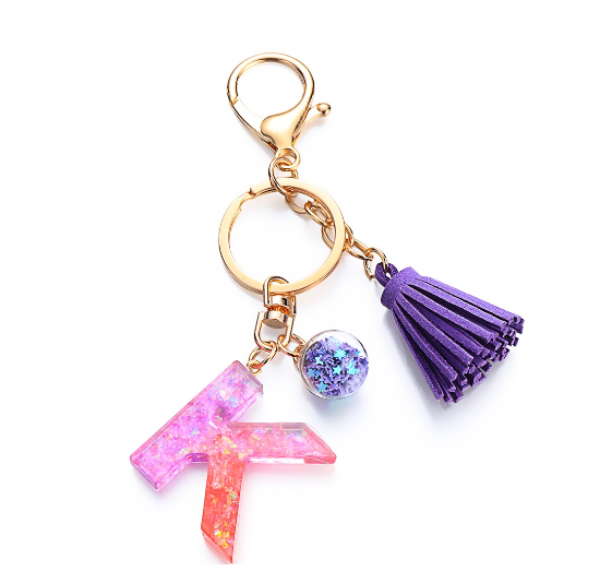 Cute Creative 26 Letter Alphabet Crystal Glitter Resin Keychain Women Tassels Keyring Car Key Holder Bag Charms Accessories K