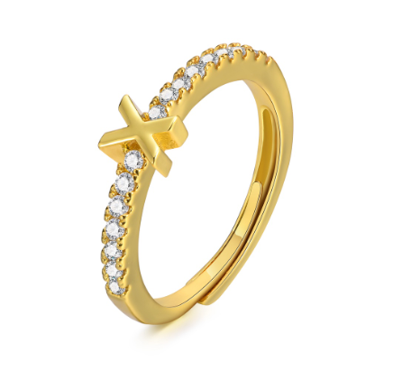 Vnox 26 Lettes Gold Luxury Ring,Shiny Zircon Initial Ring,Opening Adjustable Rings for Women X
