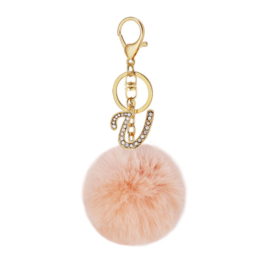 New 26 Letter Rhinestone Alloy Keychain Charm Girls Pink Pompom Key Ring Car Key Holder Women Bag Ornaments Accessories U