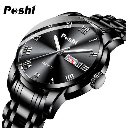 POSHI Men Watch Waterproof Steel Belt Dive Sports Quartz Original For Gold Dual Calendar Luminous 06