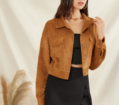 Elegant Plain Textured Fabric Pocket Corduroy Fabric Lapel Jacket (Brown)