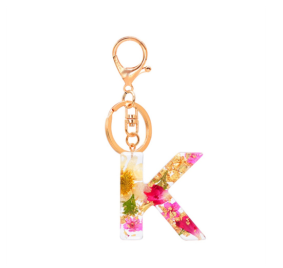 A-Z 26 Letter Pendant Keychains Resin Dried Flower Alphabet Keyring Charm Women Cute Bag Ornamant Accessories Gifts K