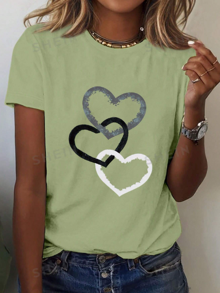 SHEIN LUNE Women's Intertwined Heart Printed T-Shirt, Casual Round Neck Short Sleeve Tee With Love Print