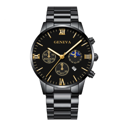 GENEVA High Quality Luxury Silver Mens Full Steel Business Quartz Wacthes Mens Original Waterproof Fashion Wristwatch Men Watch Relo BLACK GOLD