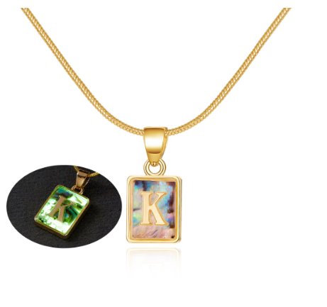 18K Gold 26 Letter Square Colorful Nightlight Pendant Snake Bone Chain Necklace English Letter Pendant Necklace K